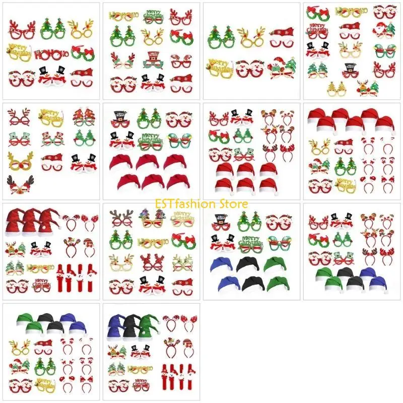 Y5GC Christmas Party Eyewear Novelty Glasses Frames Set With Christmas Hat Slap Bracelets Christmas Headband for Kid Adult