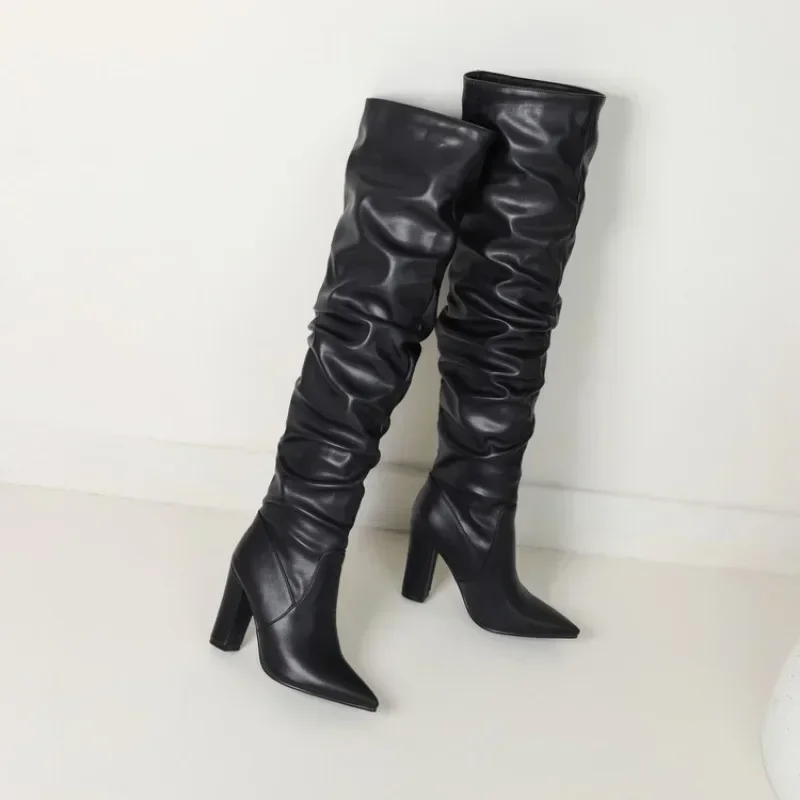 New Solid Color Pleated Laziness Style Black Brown Over-the Knee Boots Sexy 10cm High Heels Fashion Show Long Boots Size 33-43