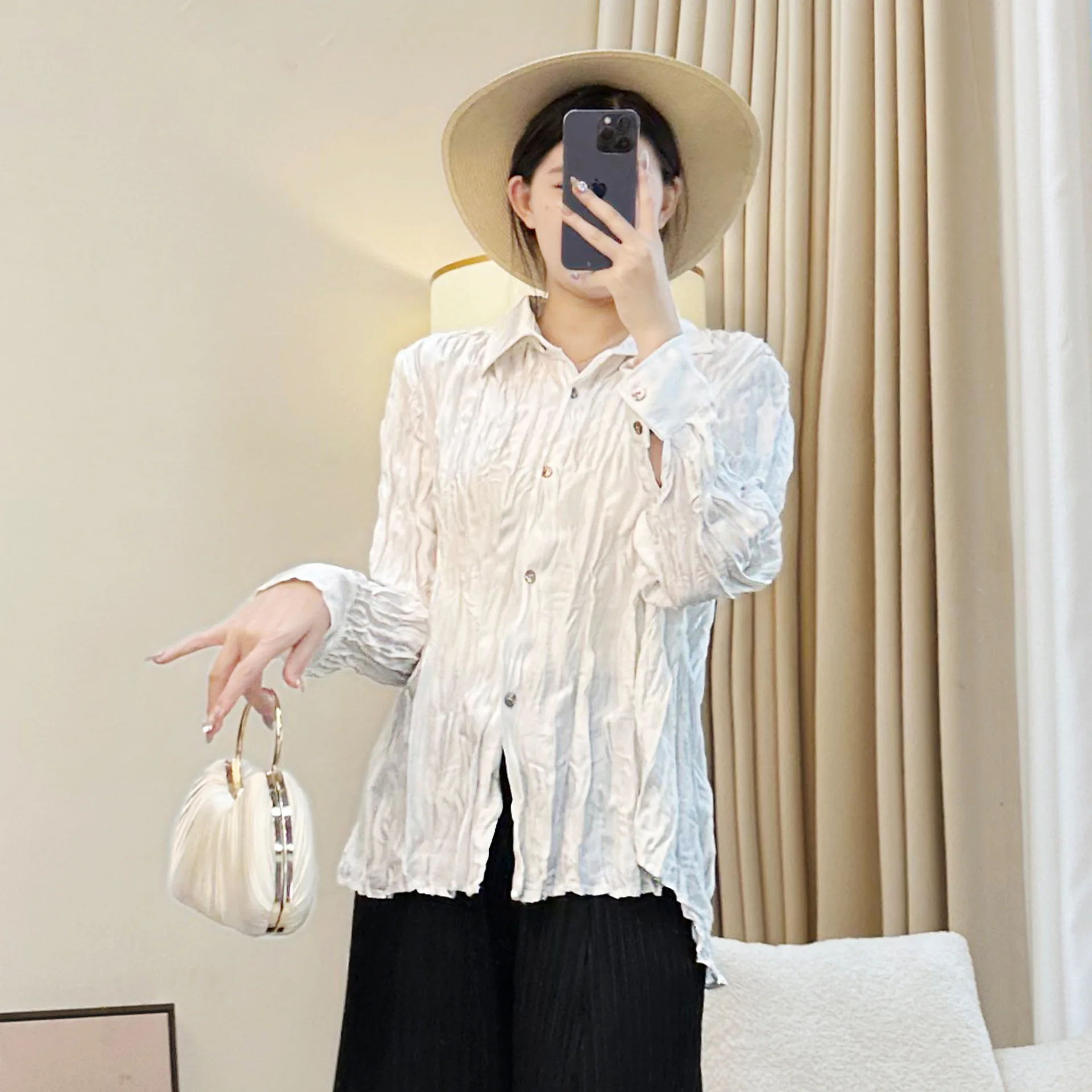 

Плиссированная короткая куртка Miyake 2021, весенне-осенняя дизайнерская рубашка с длинными рукавами, зеленый топ, женская рубашка