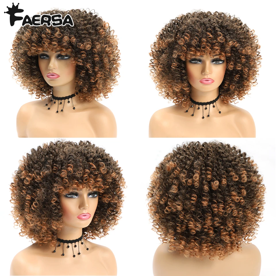 Wig keriting ikal Afro dengan poni Wig sintetik pendek untuk wanita hitam rambut Cosplay tanpa lem pirang coklat Omber suhu tinggi