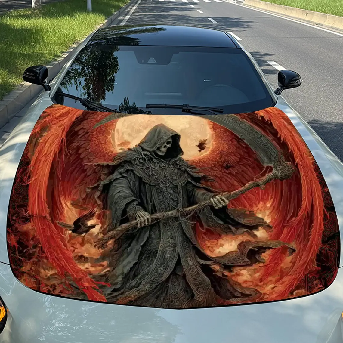 

Red Winged Reaper Car Hood Vinyl Wraps Sticker, PVC Waterproof Car Bonnet Decals, Self-Adhesive Scratch-Resistant Stickers For E