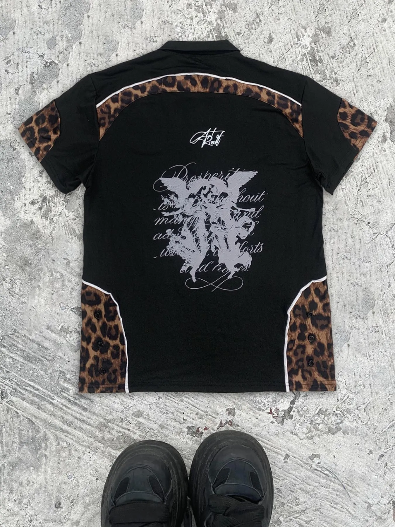 2026 New Summer Retro Punk Leopard Pattern Splicing Polo Shirt, Gothic Letter Printed Short Sleeve Collar, Street Trendy Casual