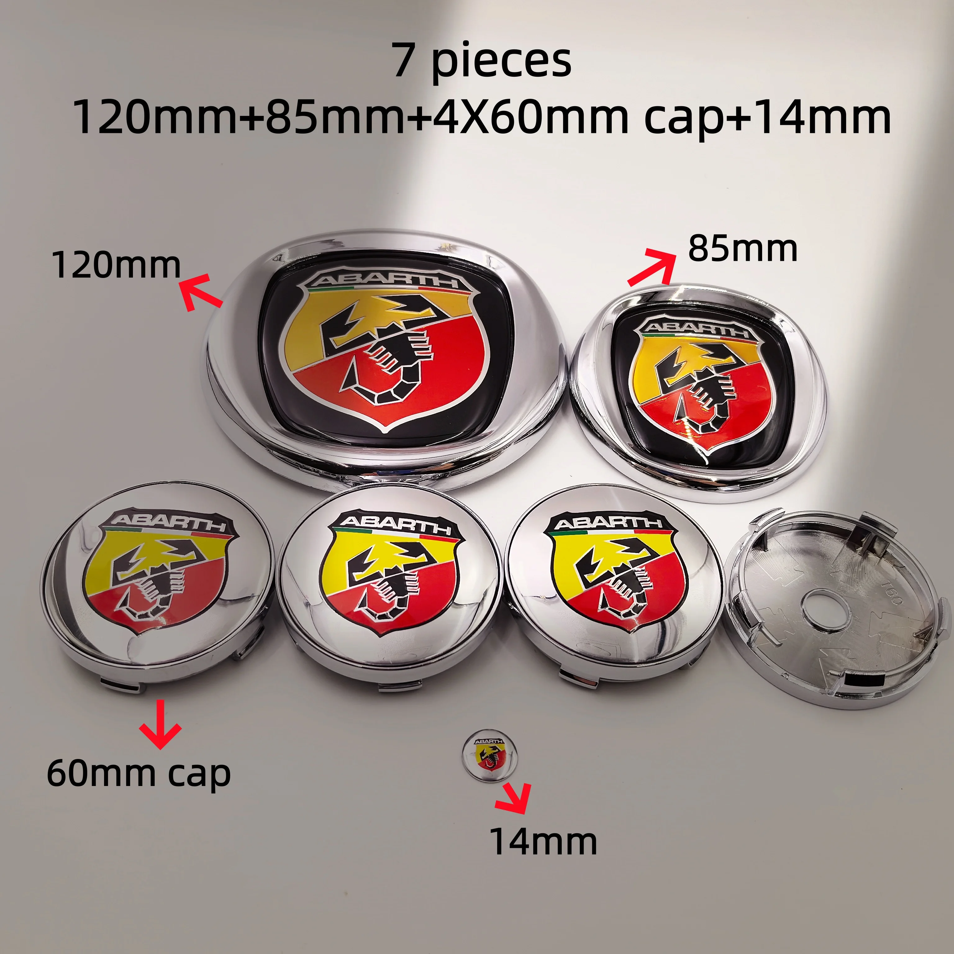 7pcs Abarth Car Emblem Stickers 85/95/100/120mm Front Hood Rear Trunk Badge Wheel Hub Cap 56/60mm Universal Automotive Decals