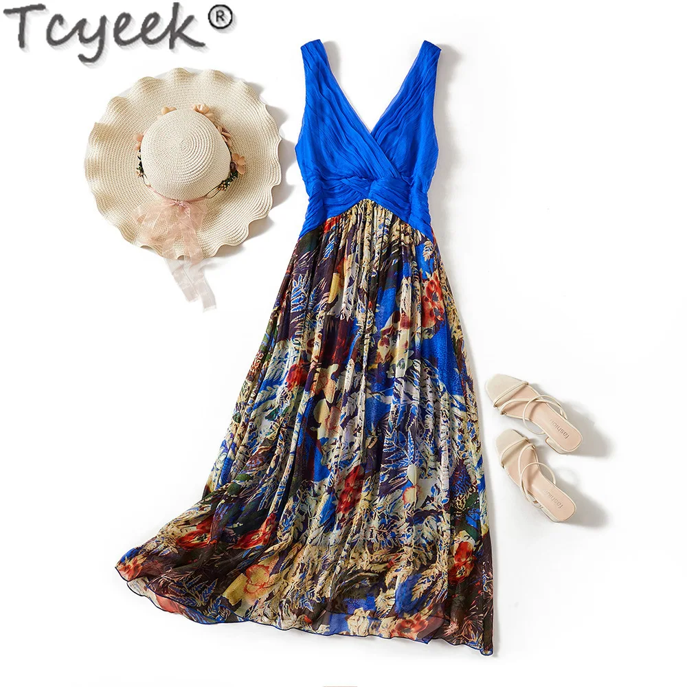 

Tcyeek Summer Boho Dress Women Sleeveless 2024 Elegant Dresses for Women Real Milberry Silk Dress High Quality Vestidos Mujer