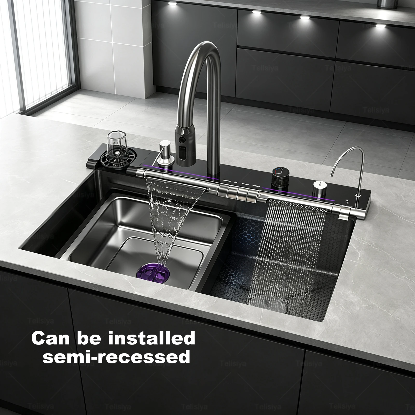 Stainless Steel Kitchen Sink Multifunctional Sinks Digital Display Dish Basin Large Single Slot Waterfall Hot Cold Faucets