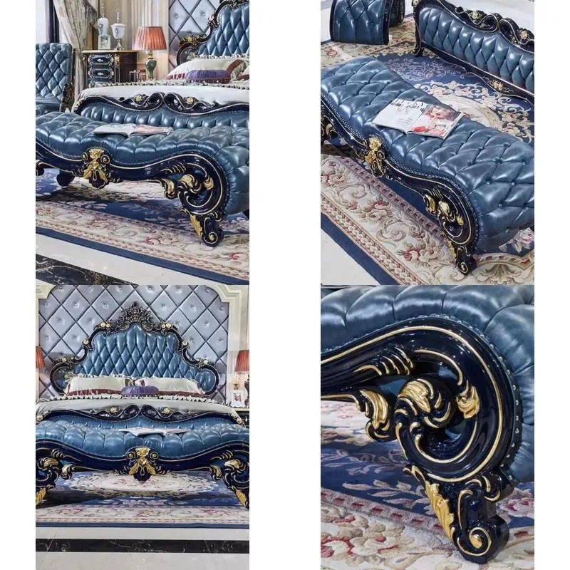 European Solid Wood Leather Carved Bed Stool Shoe Bench Sofa Ottoman Recliner Footrest Bedside Storage Seat