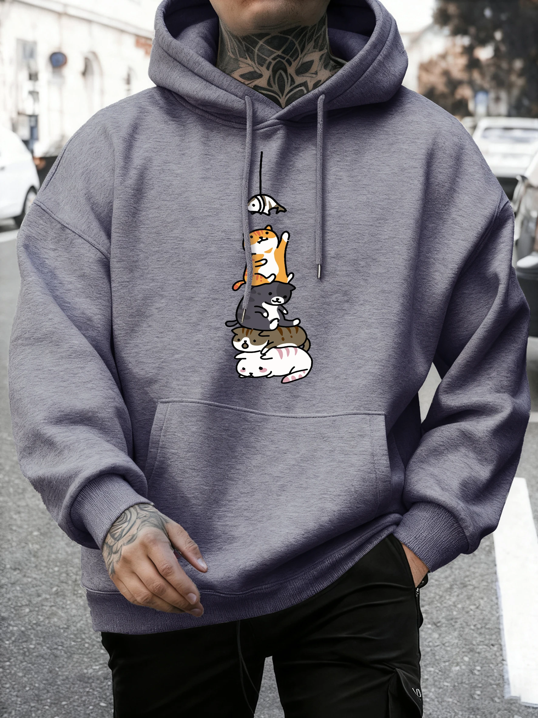 Four Cats Stacked Together To Catch Fish Pattern Hoodies Men Fleece Soft Pullovers Street Loose Sportswear Autumn Casual Clothes