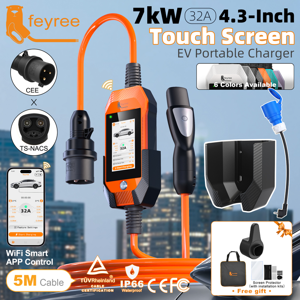  feyree 4.3Inch Touch Screen EV Charger 7kW 32A 1Phase TS-NACS Socket Smart WIFI APP Control EVSE Portable Box for Tesla EV Cars 