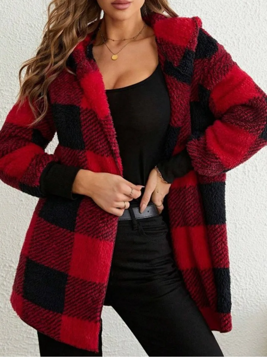 Women Cardigan Hooded Plaid Loose Mid Length Warm Coat For Daily Outing
