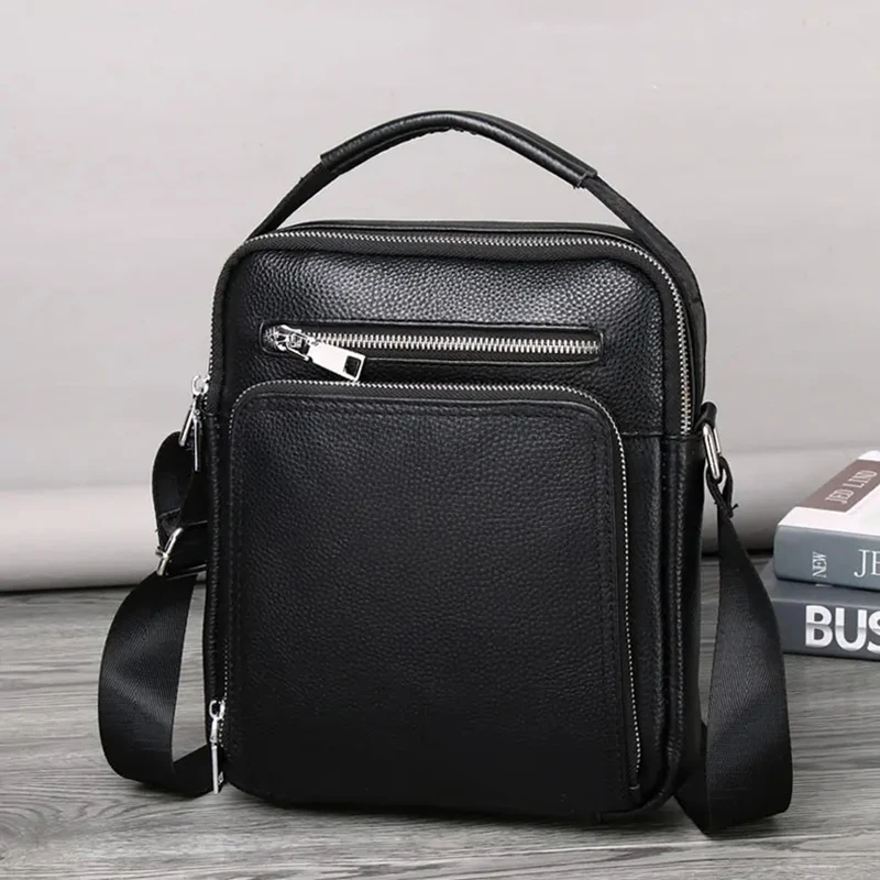 

Men New Genuine Leather Crossbody Shoulder Bag Cowhide Small Business Men's Handbags Black Messenger Bag