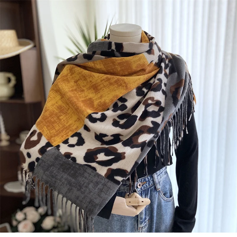 Stylish Faux Fur Leopard Print Wrap Shawl - Wraps & Pashminas - Soft, Warm, and Trendy Long Scarf with Fringe For Women Cashmere