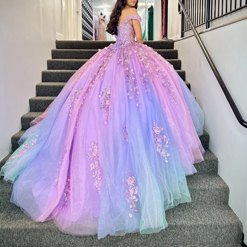 Lilac Princess Quinceanera Dresses Off Shoulder 3D Floral Beads Tull Ball Gown Coset vestido 15 quinceañeras dorado Sweet 16