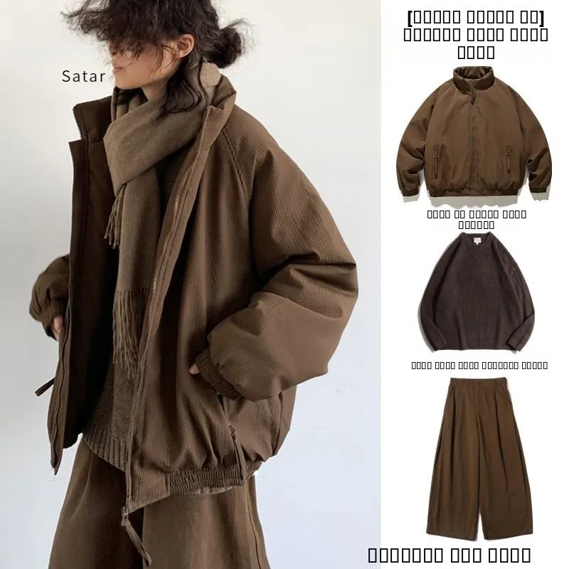 

Men's Retro All-Match Bread Sle Cotton Jaet And Pants Set Vertical Stripes Pure Color Winter Clothes Japanese Sle