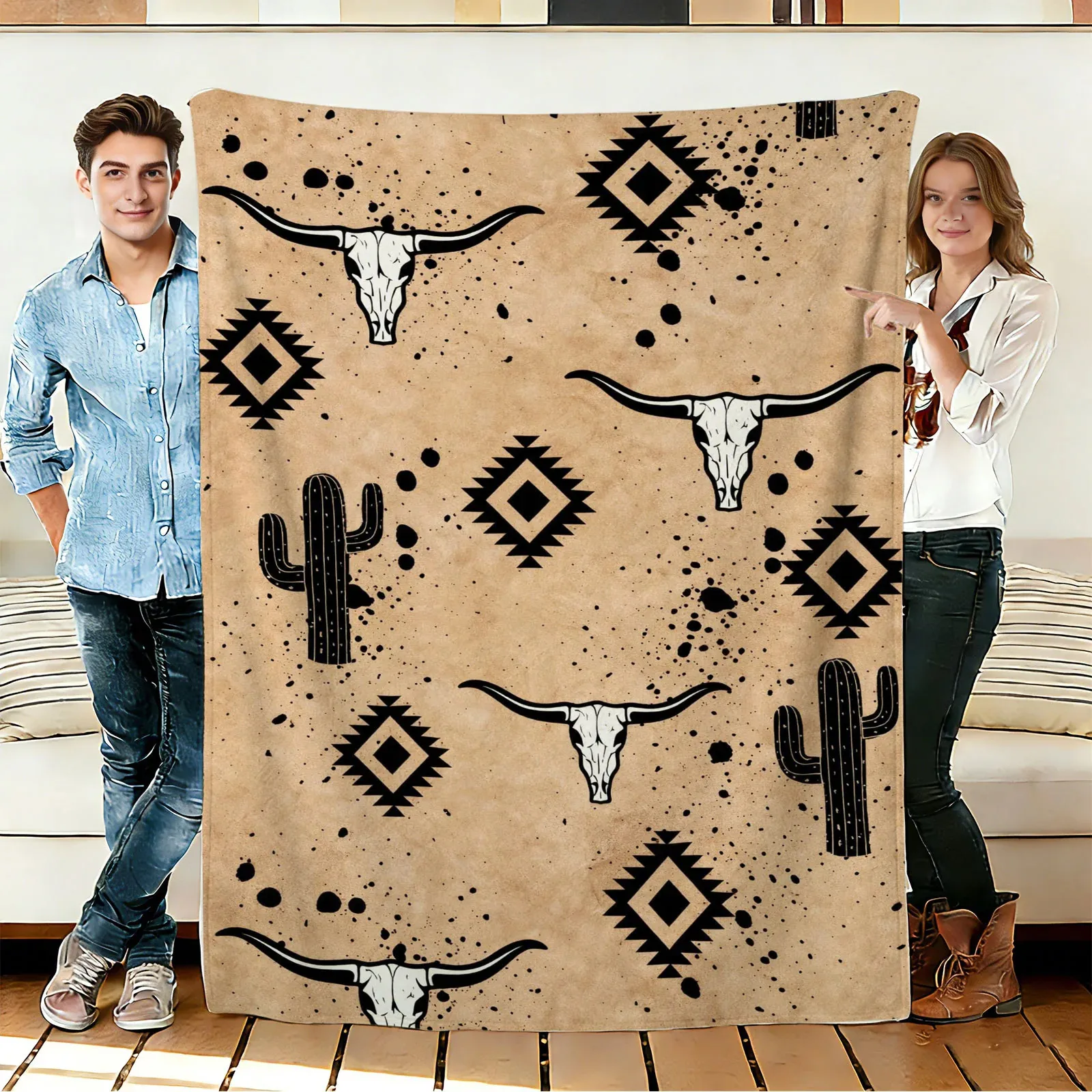 Western Bull Skull Cactus Geometric Tribal Pattern Flannel Blanket Soft Cozy Throw for Sofa Bed Living Room Decor