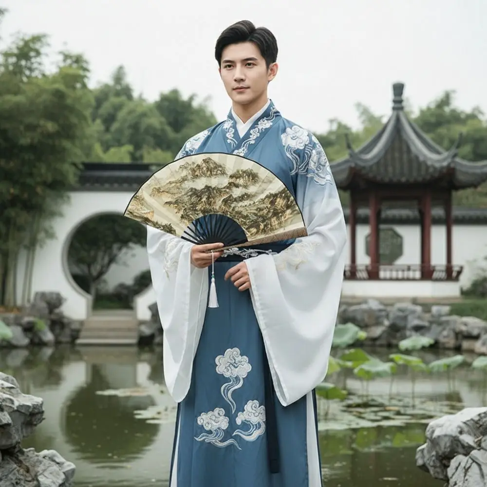 Sprinkled Gold Cloud Pattern Handle Folding Fan with Tassel 10 in Men Hand Fan Carved Silk Cloth Fan Panel Decorative Fan Crafts