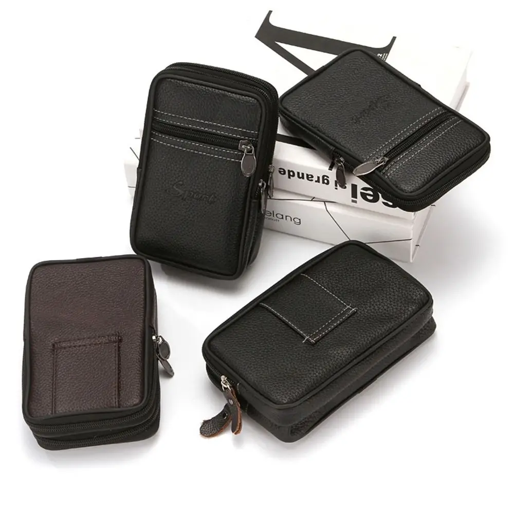 New PU Leather Man Belt Pouch Zipper 6.5inch Phone Case Multiple Layers Modern Belt Hanging Pouch Outdoor Camping