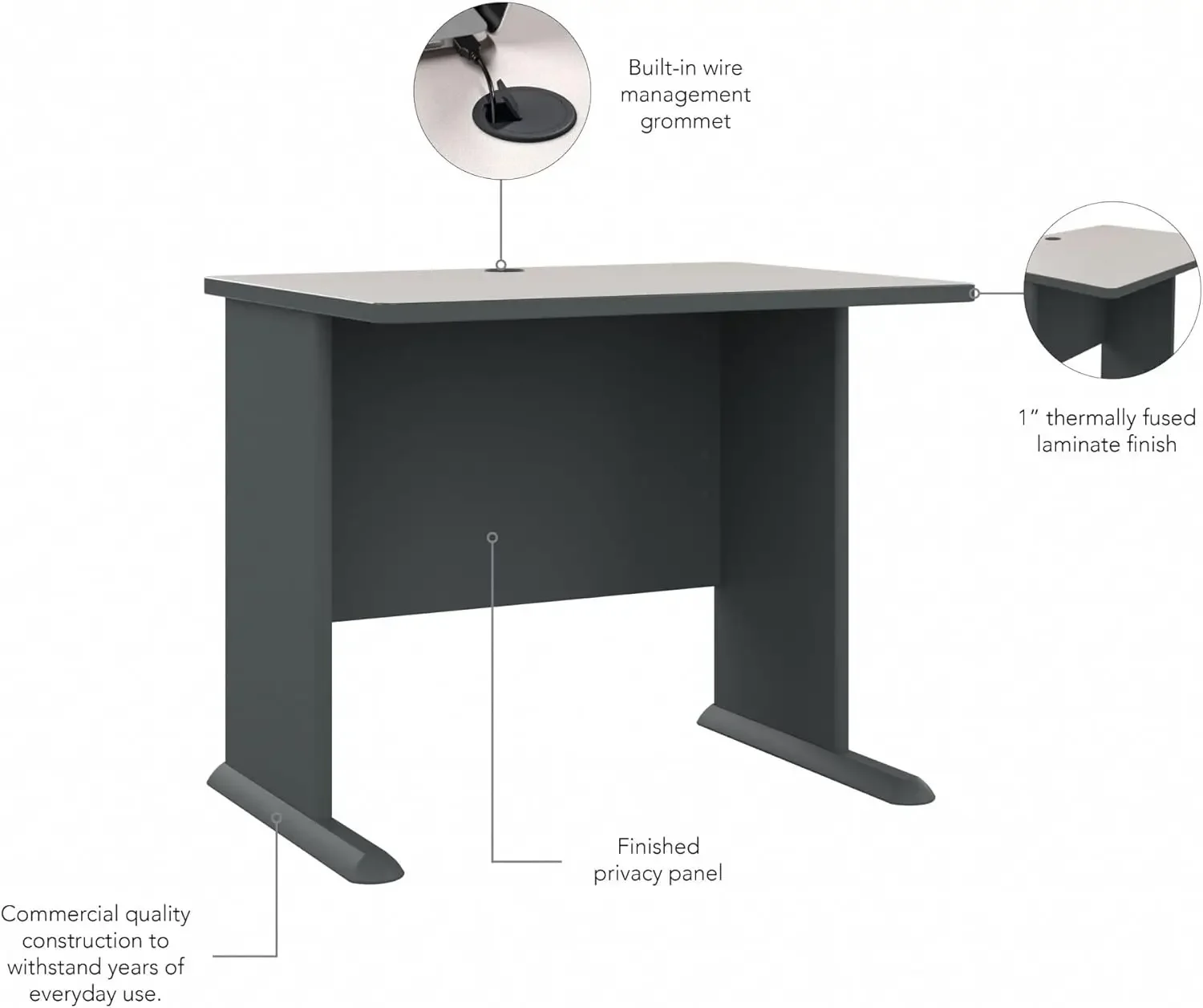 Série A 36W pequena mesa em espectro branco e ardósia, mesa de computador compacta para escritório doméstico ou profissional