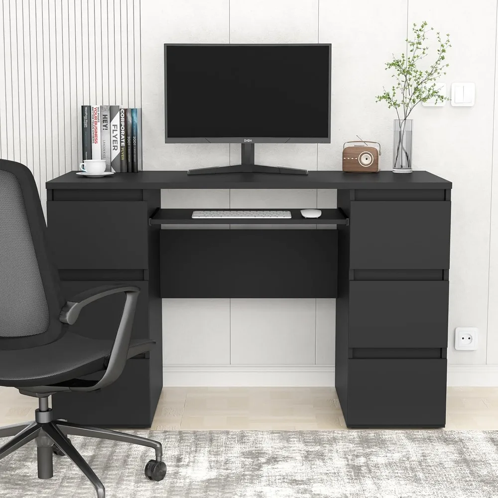 "Escritorio para juegos moderno negro con cajones de almacenamiento y estantes para dormitorio y estudio"