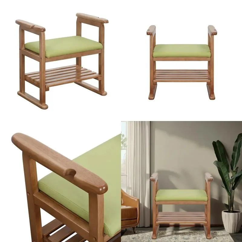 Space Saving Wooden Shoe Changing Stool with Storage Rack Small Entryway Bench