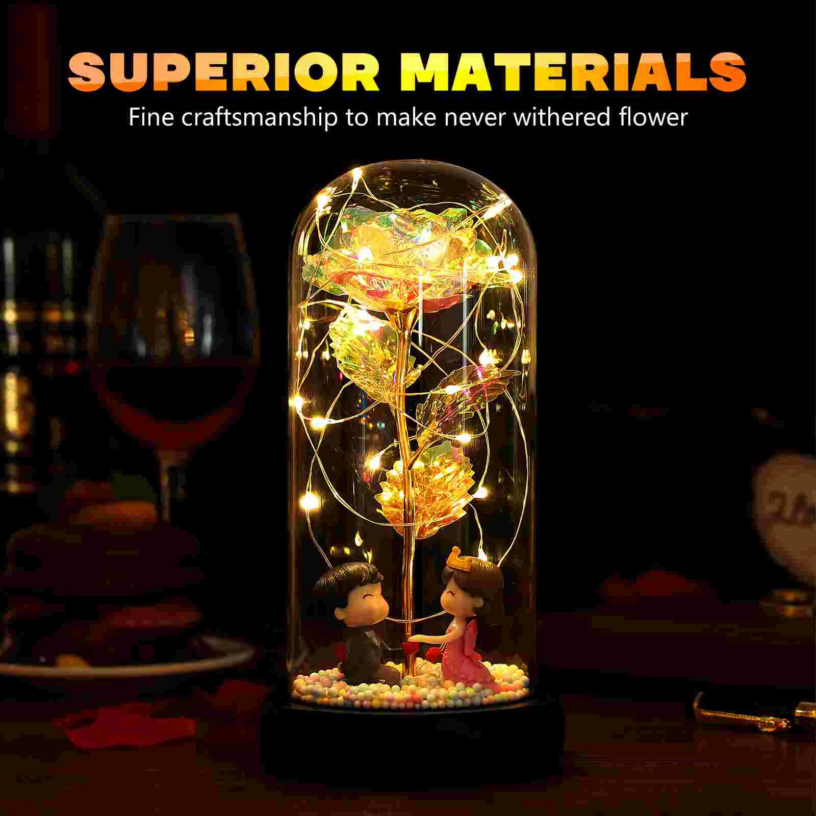 

Foil Rose in Glass Dome Flower with LED Light Wedding Decorative Desk Lamp Table