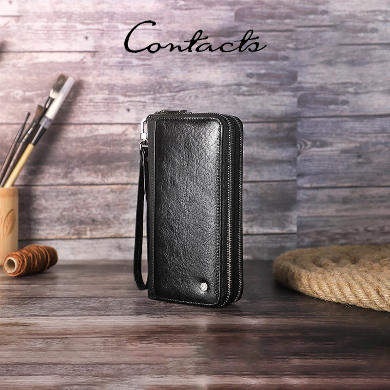 

CONTACT'S Genuine Leather Clutch Bags For Men Long Vintage Zipper Handbags Coin Purses Card Holders Money Clip Men's Wallets