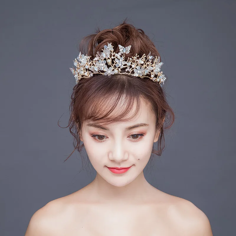 Luxury Crystal Beads Pearl Butterfly Costume Jewelry Sets Floral Rhinestone Choker Necklace Earrings Tiara Wedding Jewelry Set image 5