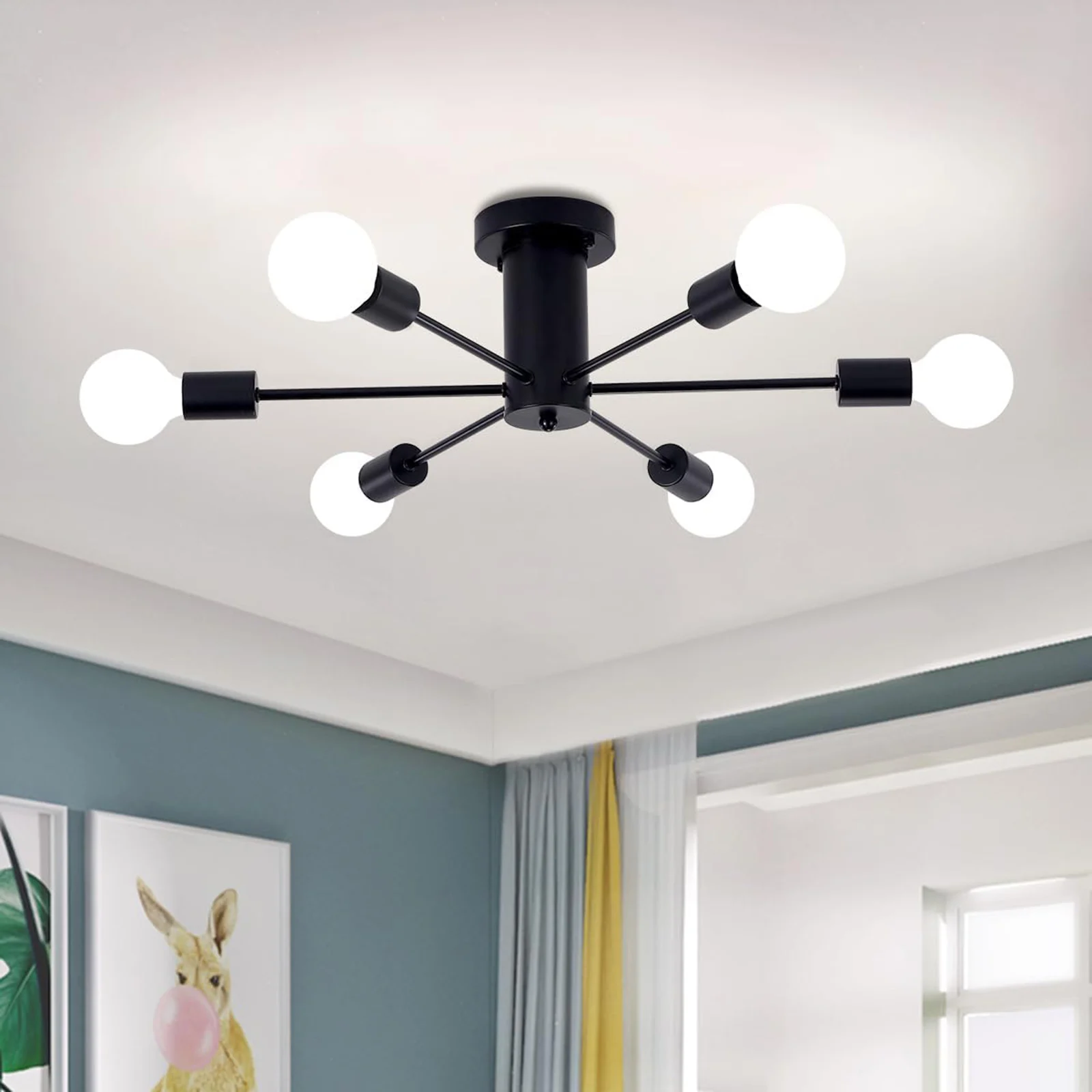 

Black Industrial Semi Flush Mount Celing Light Fixture 6-Lights Modern Chandelier Ceiling Light for Bedroom Dining Room Kitchen