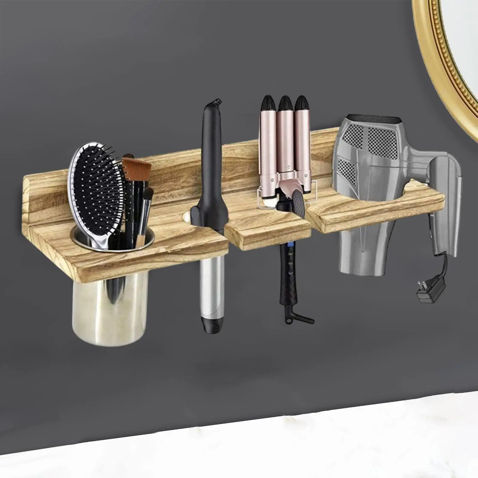 Hair Blow Dryer Holder Storage Stand No Drill Wood Wall Mount Hair Tool Organizer Blow Dryer Hanger for Curling Iron Dresser
