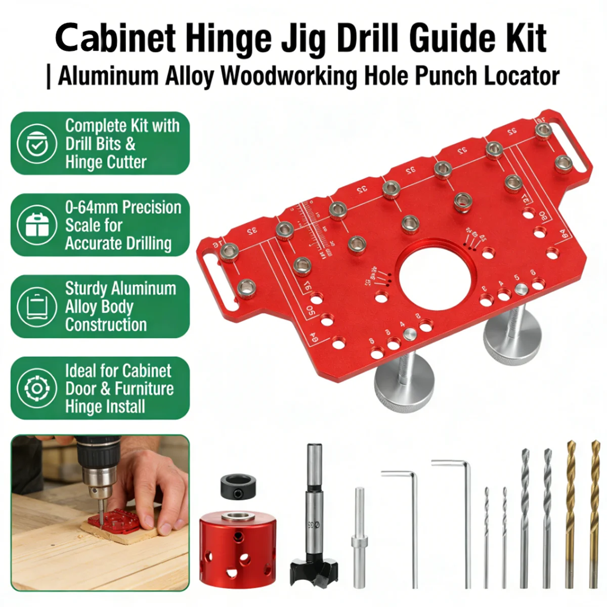 

Шаблон-приспособление для сверления отверстий под петли из алюминиевого сплава с набором сверл для установки дверей шкафов