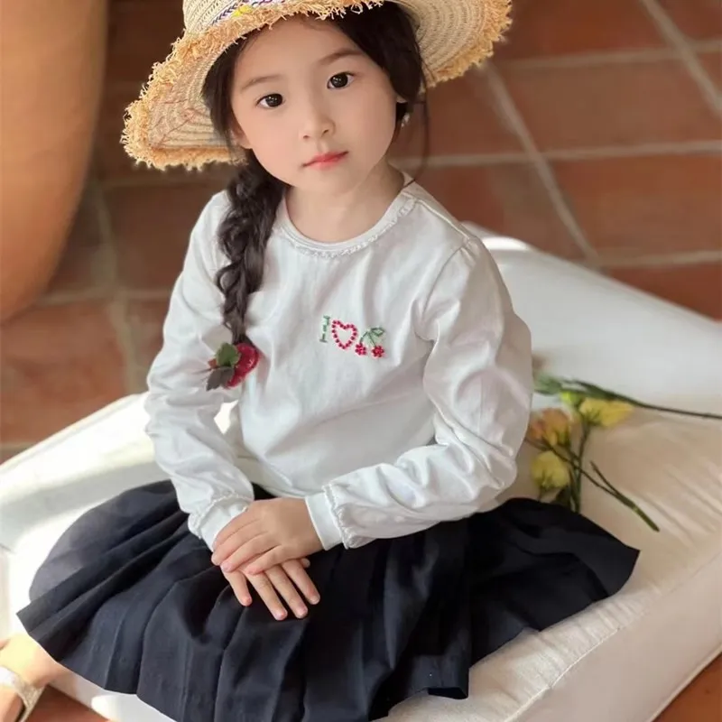 2024 BP New Autumn White Long Sleeves Cherry Shirt for Kids Red Beading Cherry Brand Clothes for Girl Kids