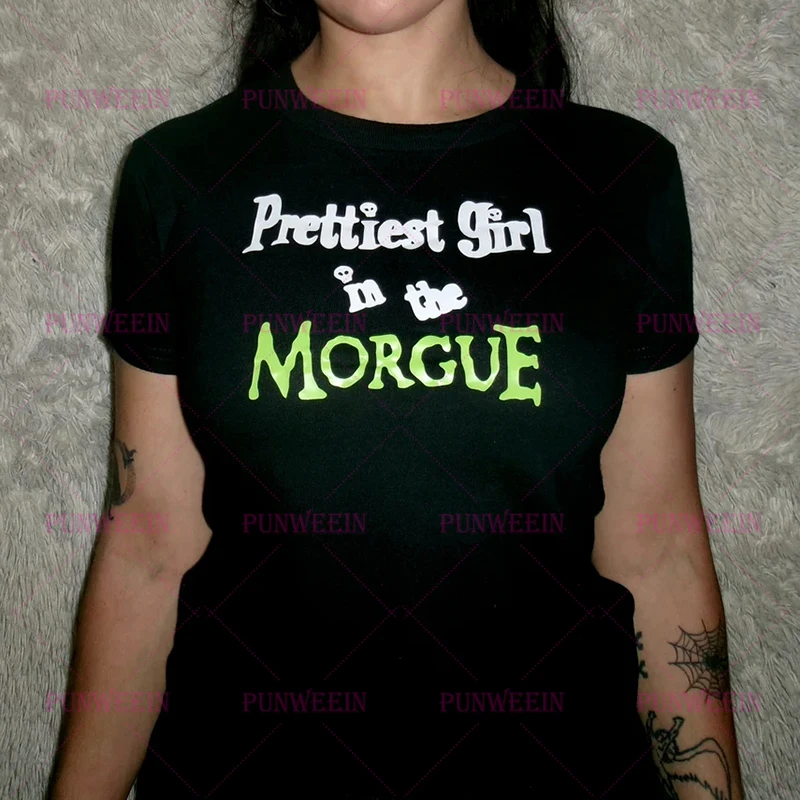 prettiest girl in the morgue print punk Gothic Crop tops Y2k Vintage Harajuku T-shirt Streetwear Hip hop Baby Tees Y2K Clothes