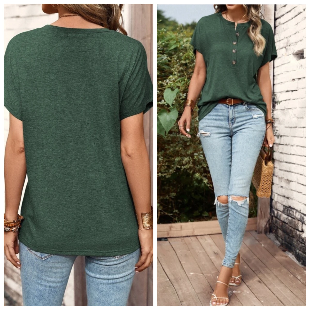 Summer Women Solid Color Short Sleeve Button Loose Button T-shirt Tops