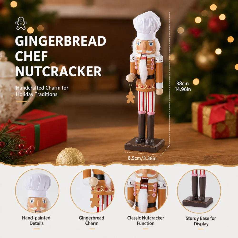 Nutcracker Gingerbread Chef Wooden 38CM Hand Painted Soldier Doll Christmas Desktop Ornament for Home Holiday Party Decor Gift