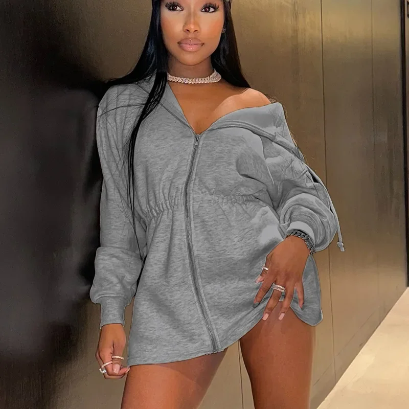 

2024 Autumn Winter Solid Hooded Loose Casual Hoodie Dress Women Elastic High Waist Zipper Full Sleeve Versatile Streetwear Robe