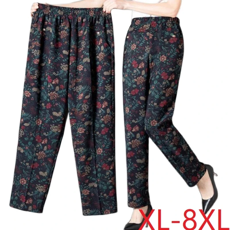 

8XL Middle-aged Women Trousers New Print Elasti High Waist Casual Pants Spring and Autumn Straight Pants Oversize Grandma Pants