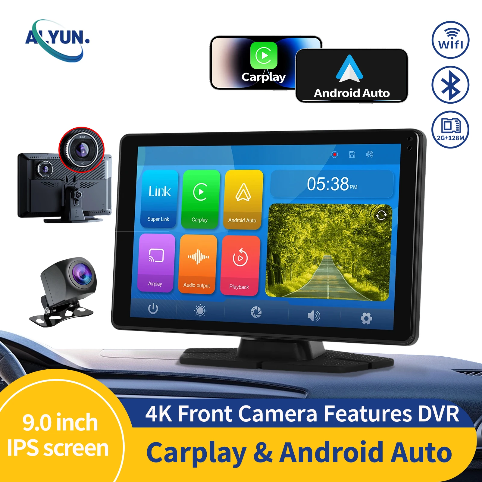 

9inch Car DVR 4K Dash Cam Monitor Wireless CarPlay Android Auto Car Driving Recorder Bluetooth FM AUX Support Rear Camera