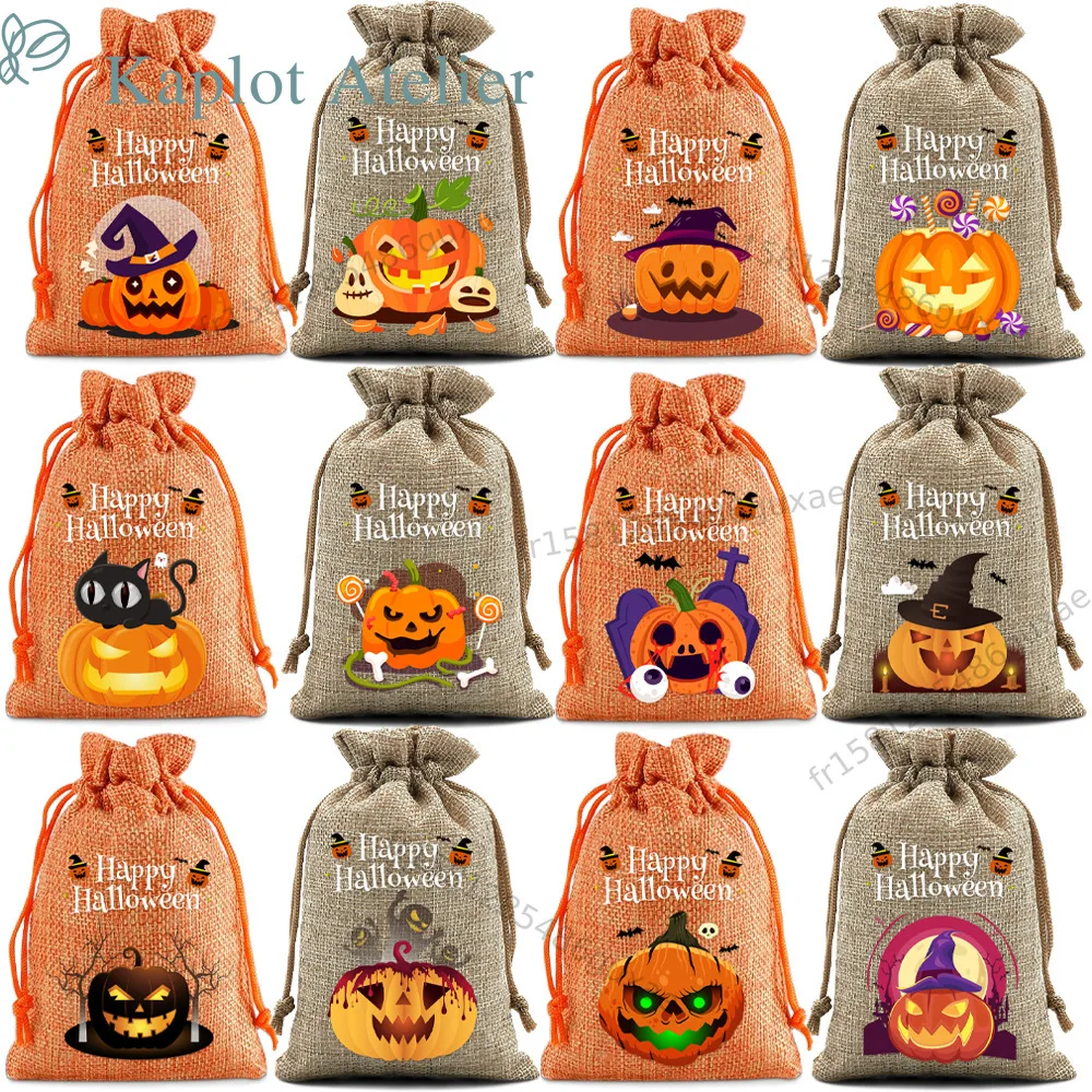 12 Stück Halloween-Geschenktüten für Kinder, Kürbis-Jutesäcke mit Kordelzug, wiederverwendbare Geschenktüten für Süßigkeiten, ideal für Süßes oder Saures, Halloween-Geburtstagsfeiern, Kinderfeste,