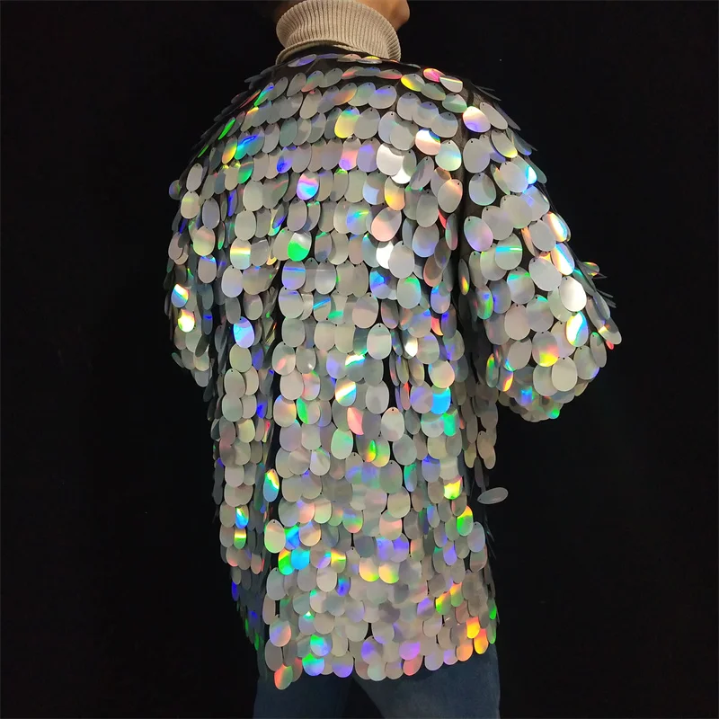 Men's Stage Shiny Coat Performance Costume Carnival Party Club Nightclub Show Male Silver Gold Mesh Sequined Jacket Rave Outfit