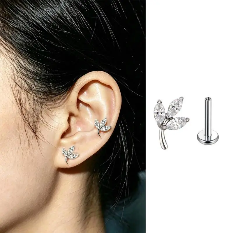 F136 Titanium Triple Marquise CZ Stud Earring Dainty Leaf For Helix Tragus Cartilage Piercing Jewelry Accessories