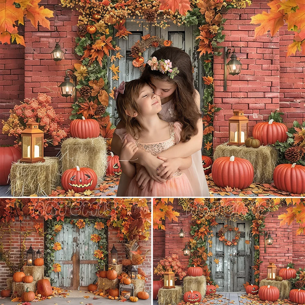 Fall Backdrop Leaves Pumpkin Wooden Door Autumn Red Brick Wall Garland Hay Bales Lantern Decor Background Photo Studio Photocall