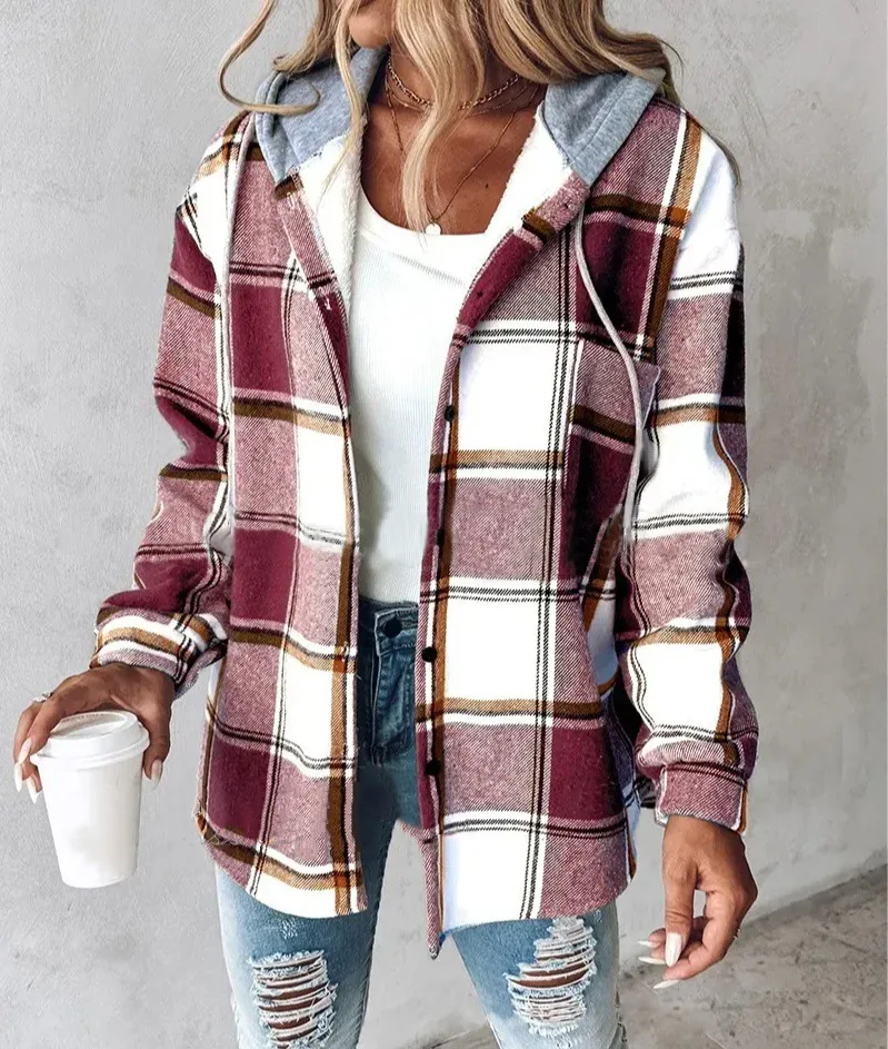 New Autumn and Winter Women's Plaid Jacket Hooded Fashion Button Cardigan Top Pocket Casual Street Versatile Jacket