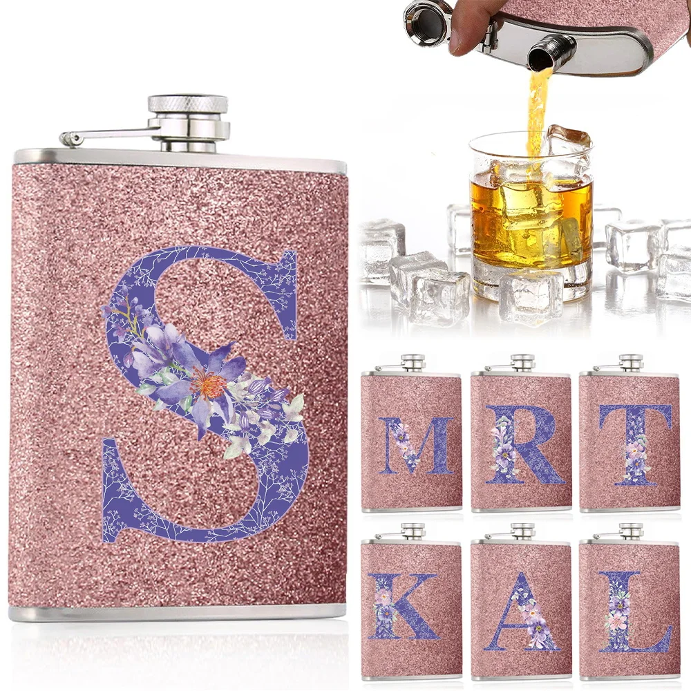 Stainless Steel Flask For Men Wine Pot Pocket Water Bottle Leakproof Never-Lose Cap For Outdoor Purple Flower Letter Pattern