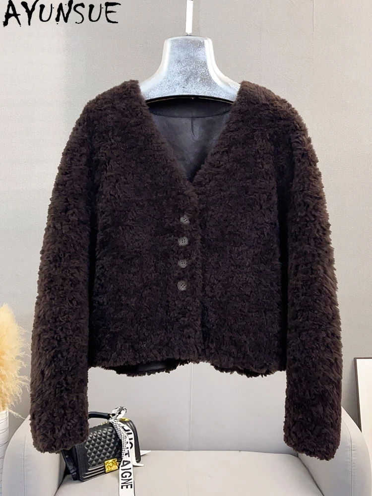 AYUNSUE 100% 천연 양모 여성 자켓 v 넥 짧은 양 모피 자켓 여성 의류 가을 겨울 겉옷의 새로운 Abrigo Mujer