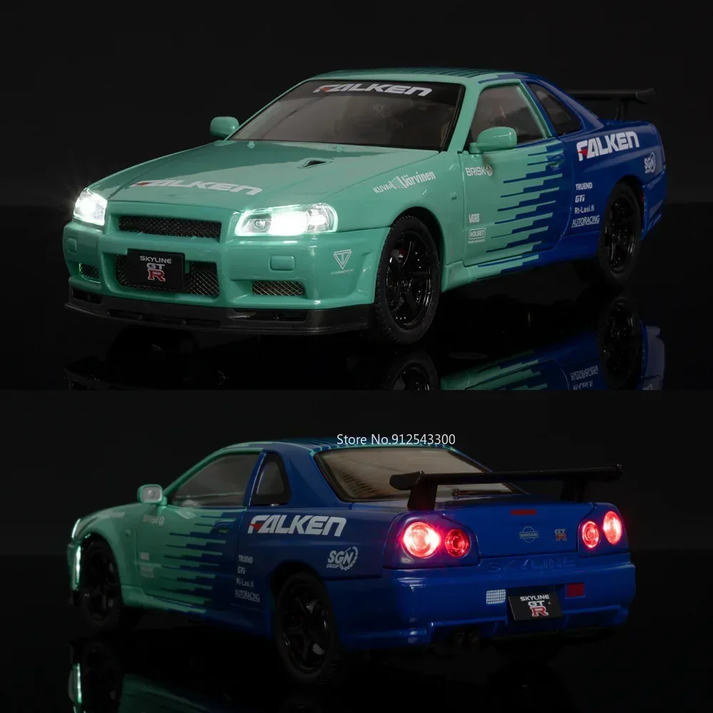 1:24 Nissan GTR SKYLINE Modelo de carro esportivo brinquedo música luz puxar para trás portas abertas modelos de carro de rua em miniatura coleção presentes para crianças