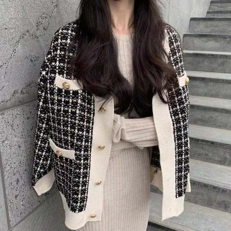 Large Size Women's Spring and Autumn New Style Simple Style Single Breasted Checkered Knit Sweater Cardigan Sweater Jacket