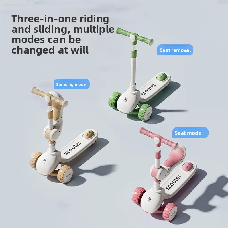 สกู๊ตเตอร์เด็กแบบพับได้ 3 in 1 พร้อมเสียงเพลงและไฟ  แฮนด์บาร์ปรับได้สำหรับการเลี้ยวแบบเอน  ที่นั่งถอดออกได้  ระบบเบรกนิรภัย สำหรับเด็กชายและเด็กหญิง