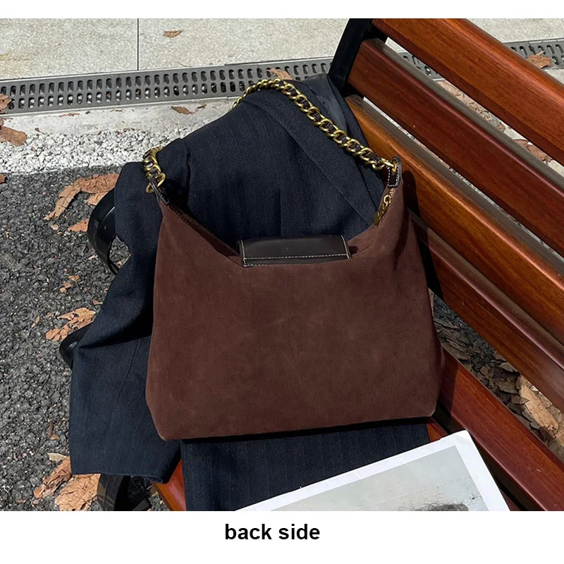 Pre-order Women Suede Tote Bag for 2024 Autumn Wholesale Frosted Cowhide Split Leather Chain Underarm Shoulder Bag Large Handbag