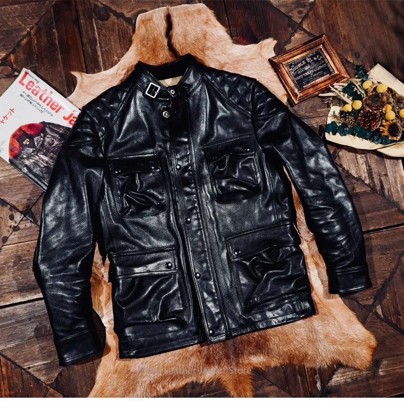 Retro Heavyweight M65 Leather Jacket Men Full Vegetable Tanned Horsehide Multi Pocket Hard Guy Biker Hunting Motorcycle Coat