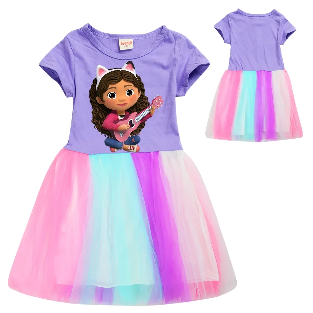 Gabby Doolhouse Clothes for Baby Girls Summer Short Sleeve Dresses Kids Cartoon Gabby Cats Dress Children Lace Princess Vestidos