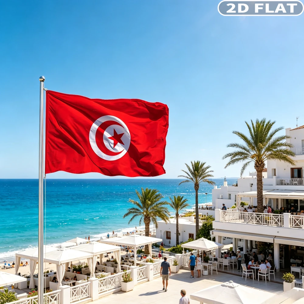 2D FLAT 1pc Tunisia Flag, Multiple Sizes 60x90cm/100x150cm (2x3FT/3x5FT), Polyester Material, Bright Vivid Colors, No Flagpole.